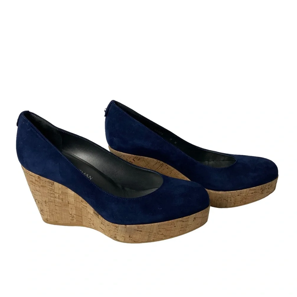 Stuart Weitzman Navy Suede Cork Wedge Pumps - Picture 8 of 11